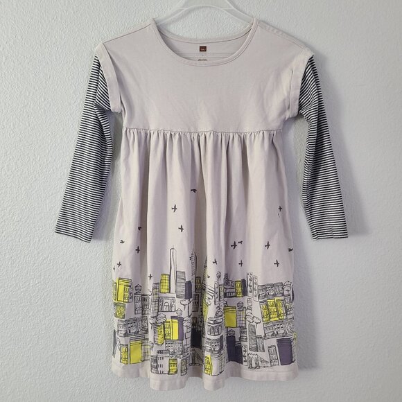 Tea Collection Girls Gray Long-Sleeve Cityscape Dress Size 8 - Picture 3 of 11
